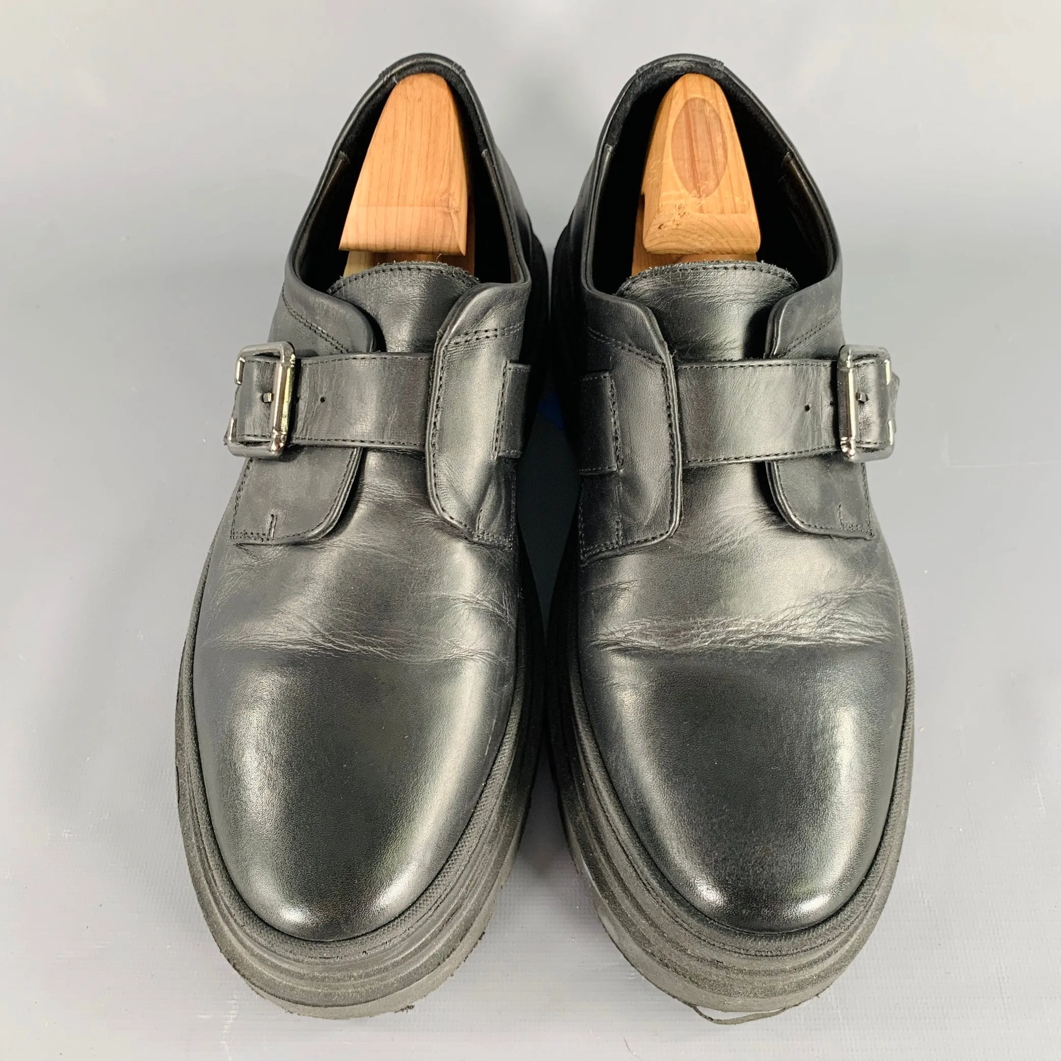 8 BY YOOX Size 10 Black Leather Buckle Chunky Sole Loafers