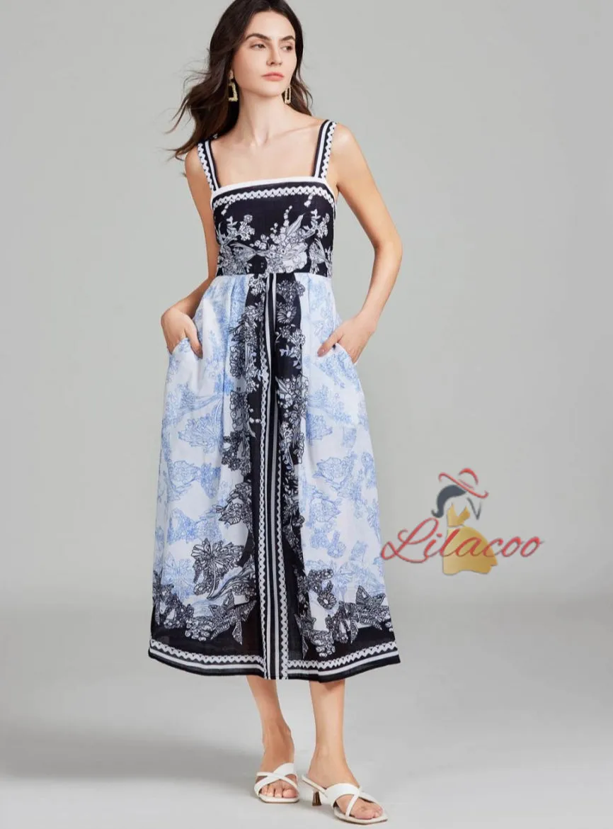 A-line Long Retro Printed Sling Dress