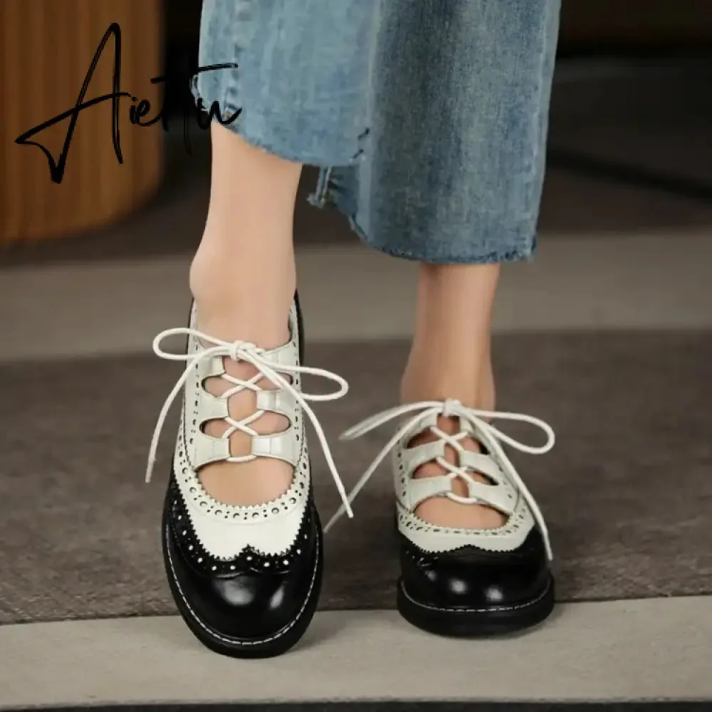 Aiertu Shoes Women Split leather Shoes for Women Spring/Autumn Women Loafers Summer Brogues Vintage Lace-up Shoes Women Pumps