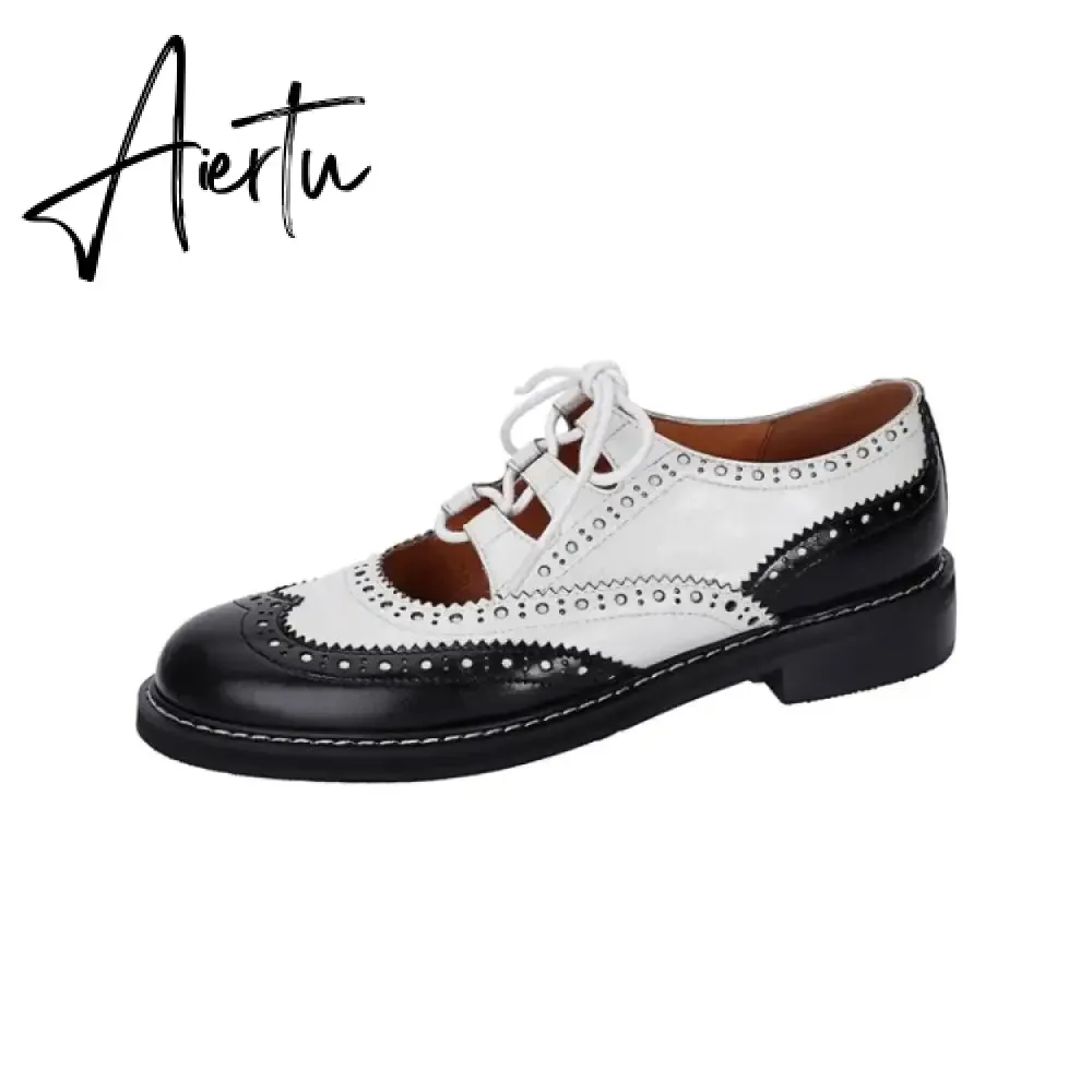 Aiertu Shoes Women Split leather Shoes for Women Spring/Autumn Women Loafers Summer Brogues Vintage Lace-up Shoes Women Pumps