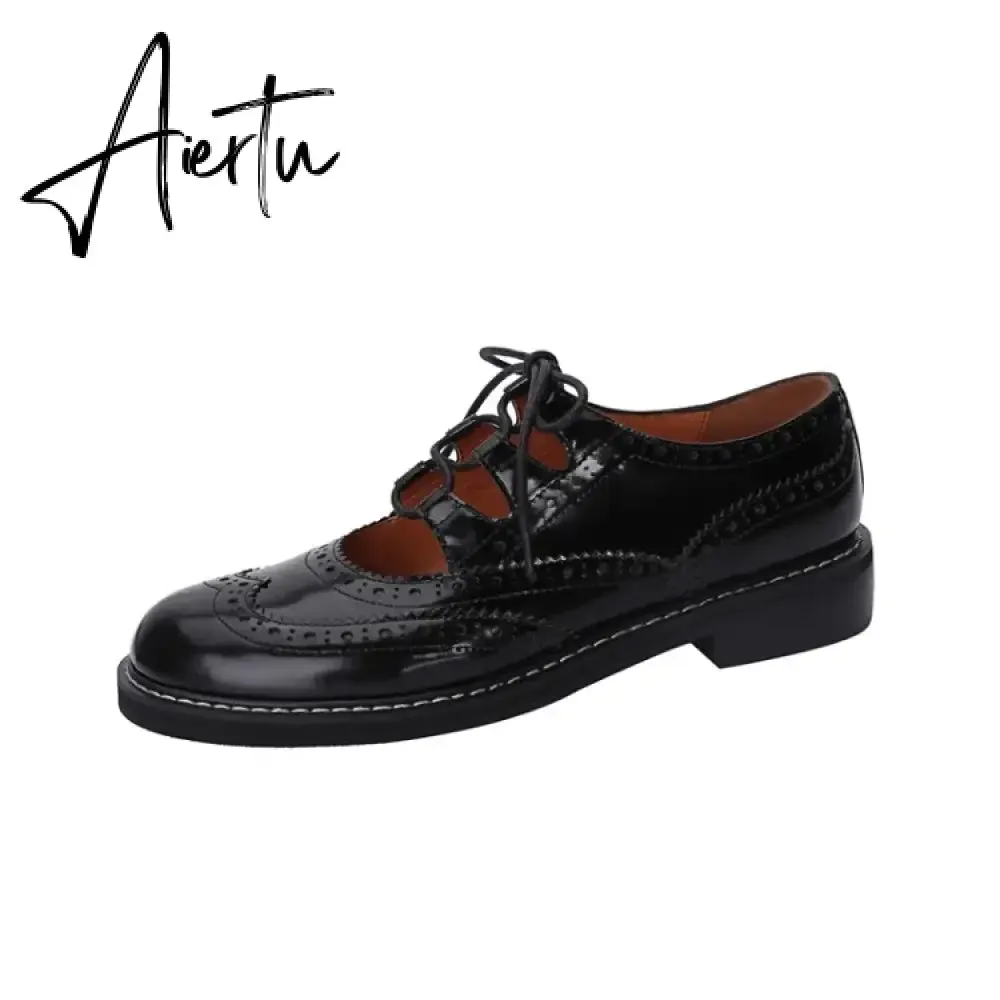 Aiertu Shoes Women Split leather Shoes for Women Spring/Autumn Women Loafers Summer Brogues Vintage Lace-up Shoes Women Pumps