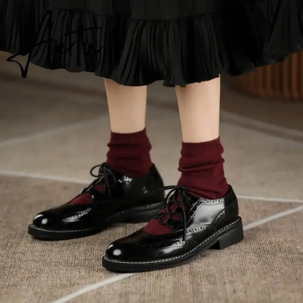 Aiertu Shoes Women Split leather Shoes for Women Spring/Autumn Women Loafers Summer Brogues Vintage Lace-up Shoes Women Pumps