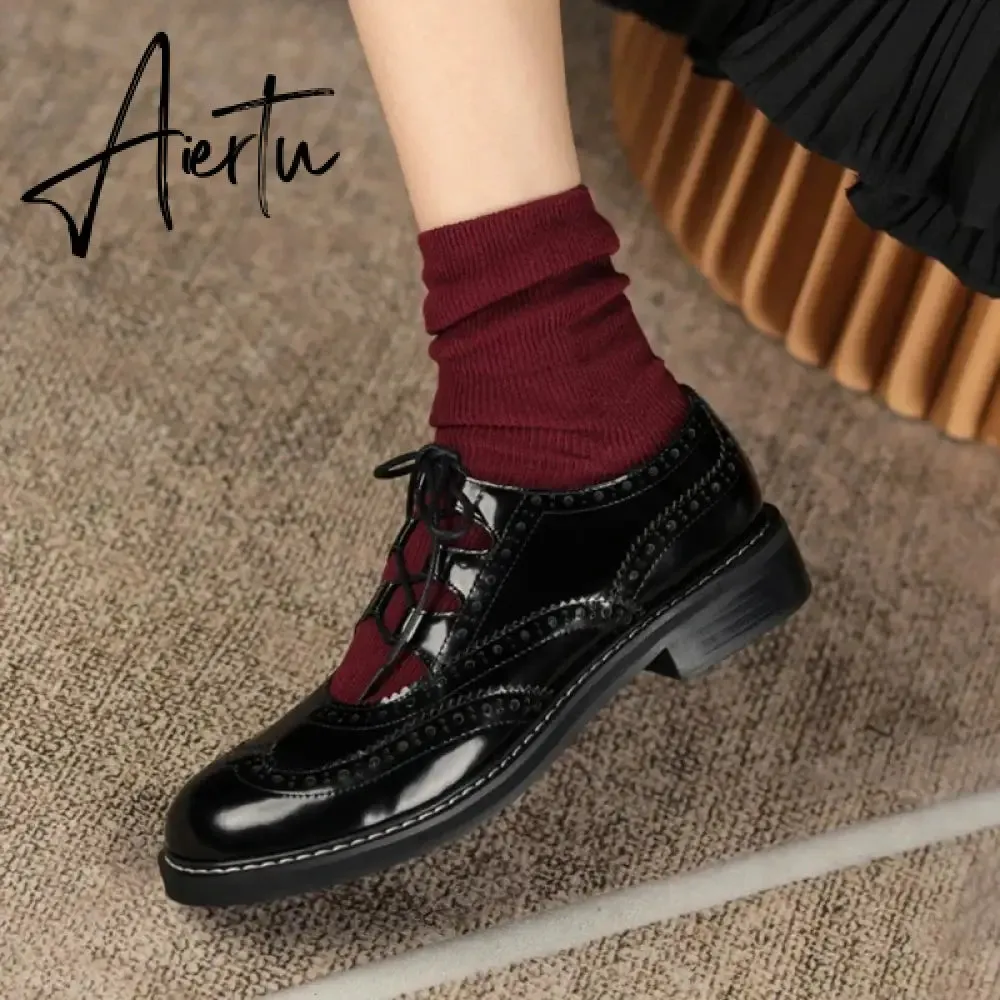 Aiertu Shoes Women Split leather Shoes for Women Spring/Autumn Women Loafers Summer Brogues Vintage Lace-up Shoes Women Pumps