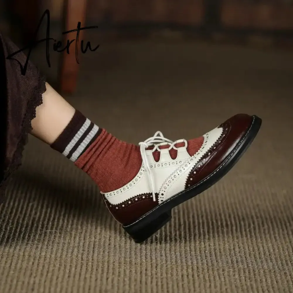 Aiertu Shoes Women Split leather Shoes for Women Spring/Autumn Women Loafers Summer Brogues Vintage Lace-up Shoes Women Pumps
