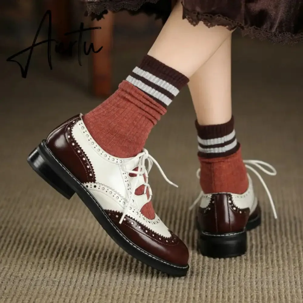 Aiertu Shoes Women Split leather Shoes for Women Spring/Autumn Women Loafers Summer Brogues Vintage Lace-up Shoes Women Pumps