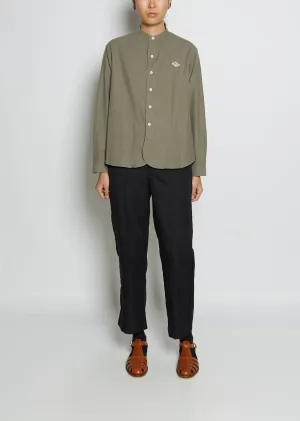 Band Collar Cotton Twill Shirt — Olive Chambray
