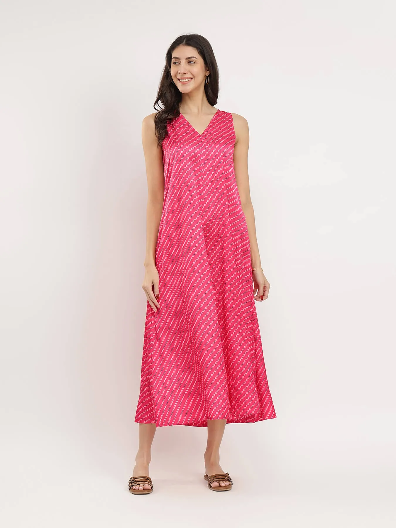 Bandhani Print A-Line Dress - Fuchsia