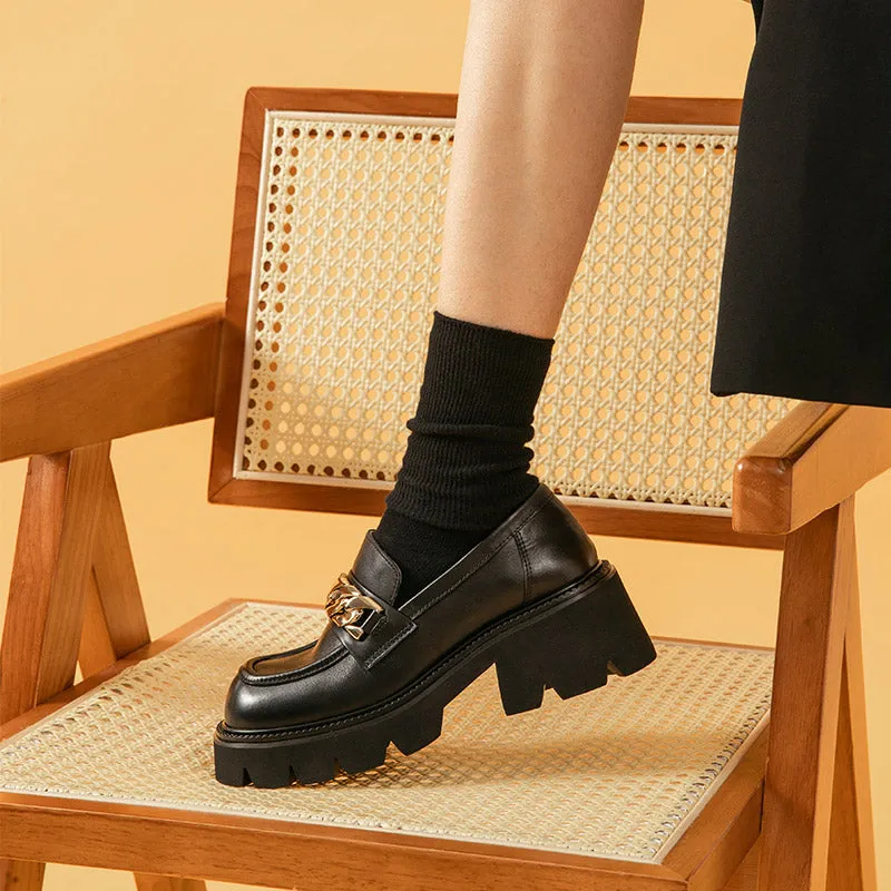 BeauToday Platform Lug Sole Loafers with Metal Chain Decor for Women