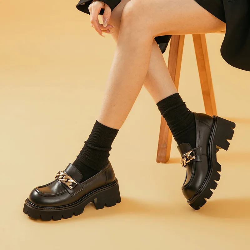 BeauToday Platform Lug Sole Loafers with Metal Chain Decor for Women