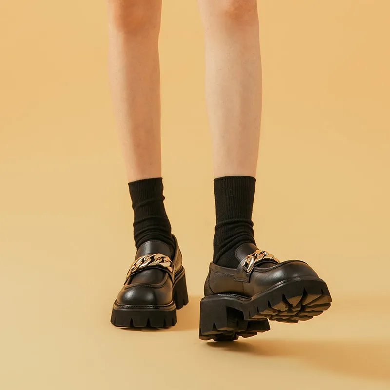 BeauToday Platform Lug Sole Loafers with Metal Chain Decor for Women