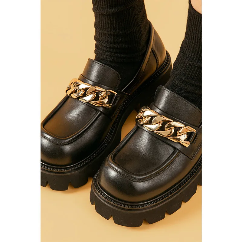BeauToday Platform Lug Sole Loafers with Metal Chain Decor for Women