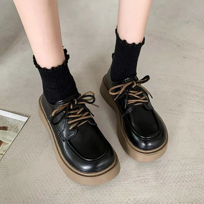 binfenxie  -  Spring Autumn Retro Casual Women's Loafers New Designer Platform Women's Leather Shoes Fashion Non-slip Lace Pumps Ladies