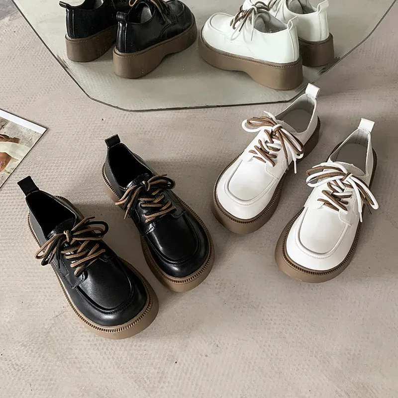 binfenxie  -  Spring Autumn Retro Casual Women's Loafers New Designer Platform Women's Leather Shoes Fashion Non-slip Lace Pumps Ladies