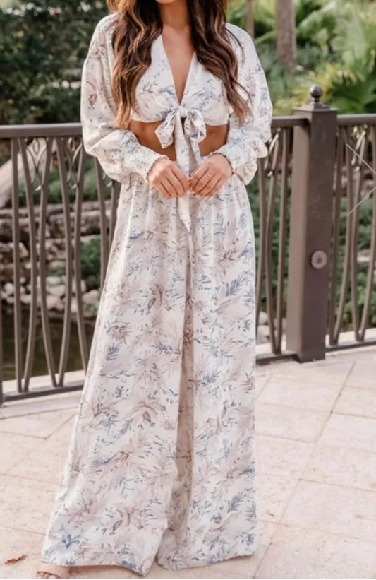 Blue Leaf Print Wide Leg Pants