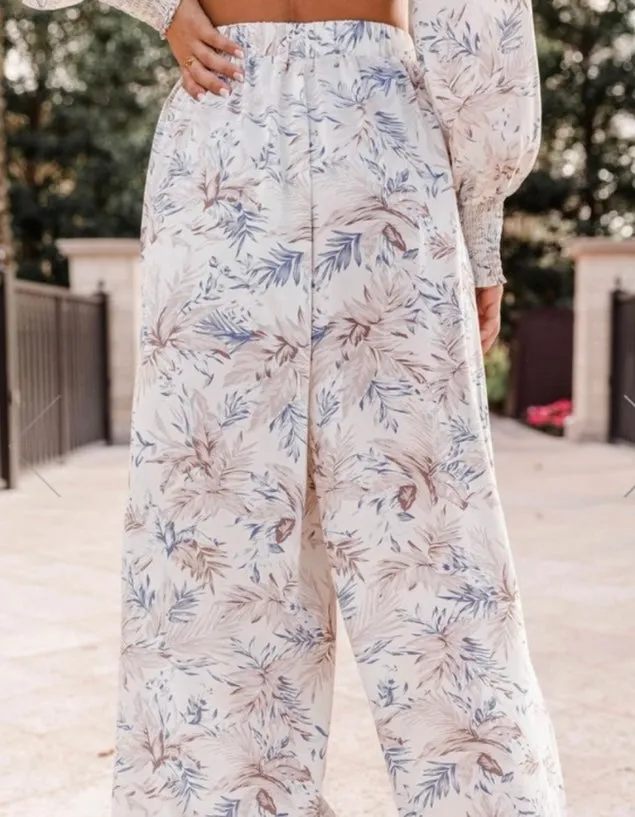Blue Leaf Print Wide Leg Pants