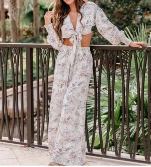 Blue Leaf Print Wide Leg Pants