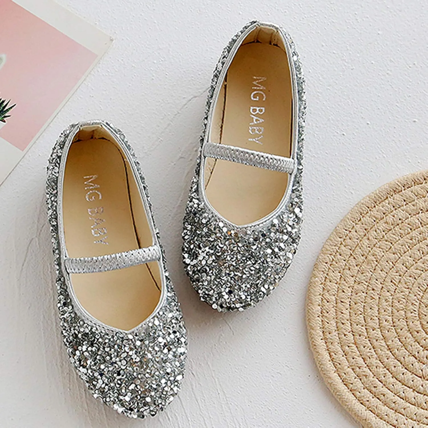 Bridesmaids hinestones Dress Shoes Glitter Slip On Mary Jane Ballet Flat for Princess Girls Wedding Pary