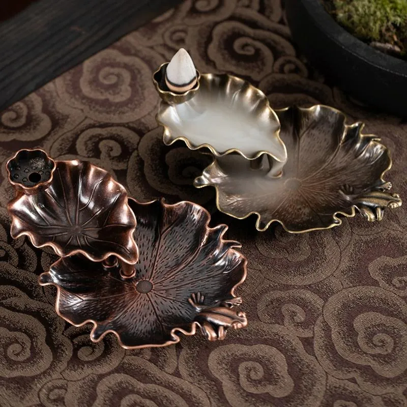 Bronze Lotus Leaf Inverted Incense Burner - Antique Indoor