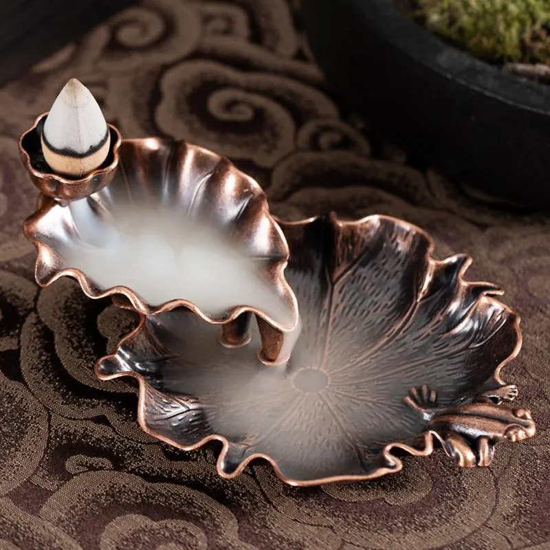 Bronze Lotus Leaf Inverted Incense Burner - Antique Indoor