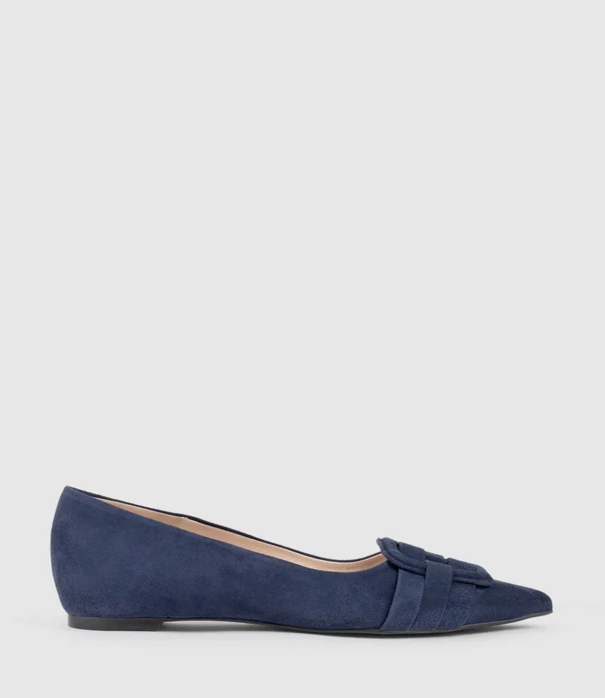 DESTRAFLAT Pointed Ballet with Buckle in Navy Suede