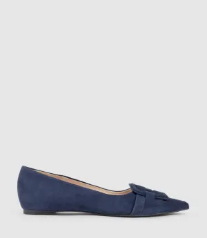 DESTRAFLAT Pointed Ballet with Buckle in Navy Suede