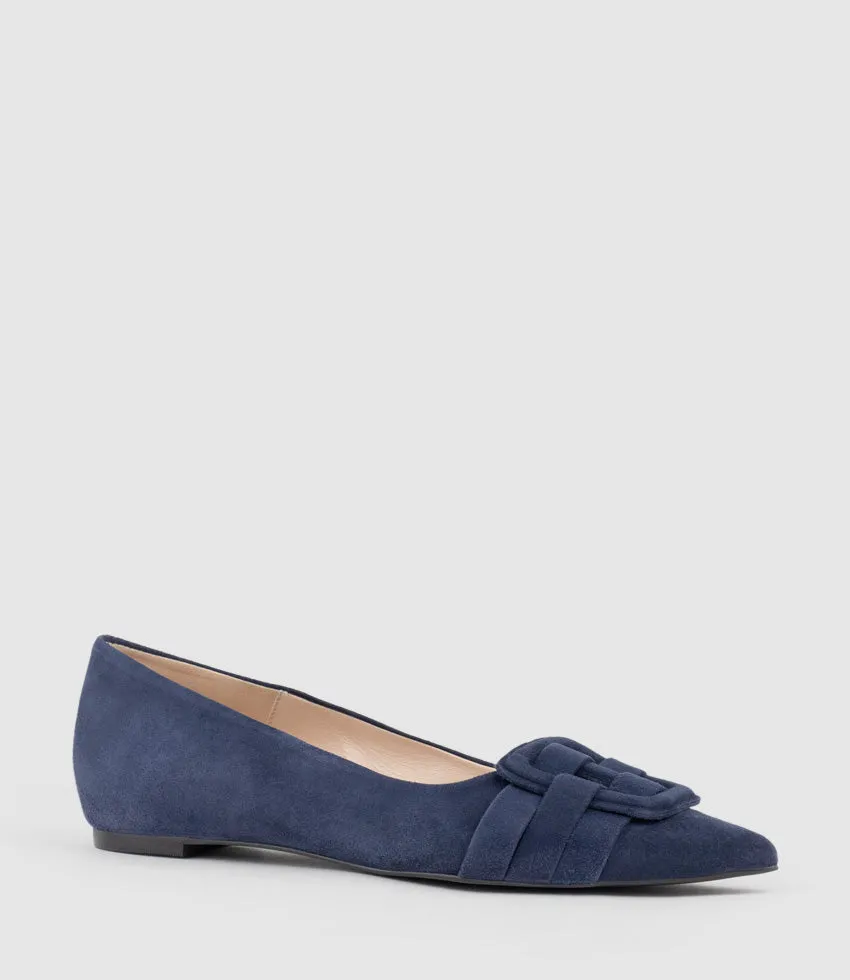 DESTRAFLAT Pointed Ballet with Buckle in Navy Suede