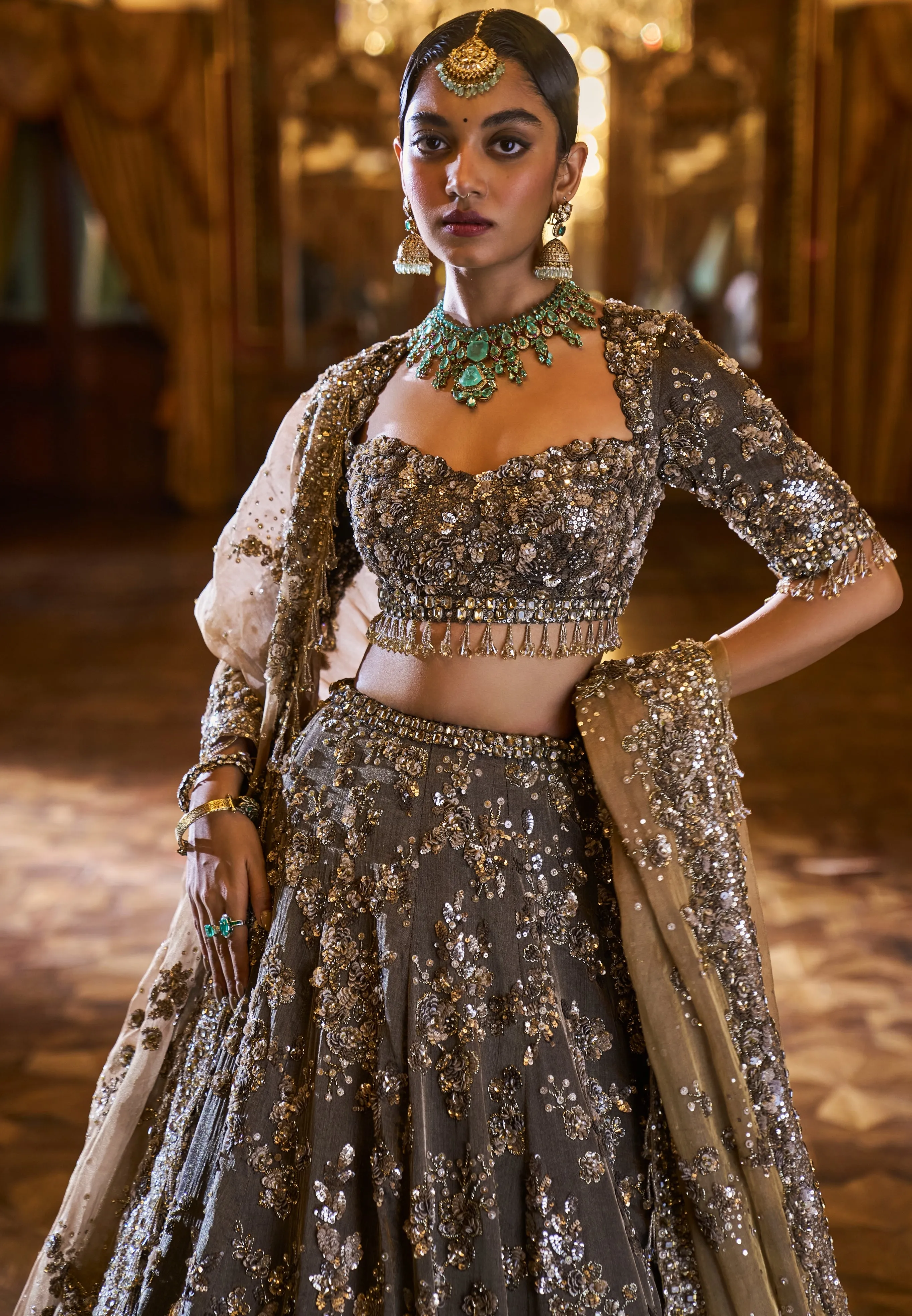 Falaknuma Antique Brown Tissue Lehenga Set
