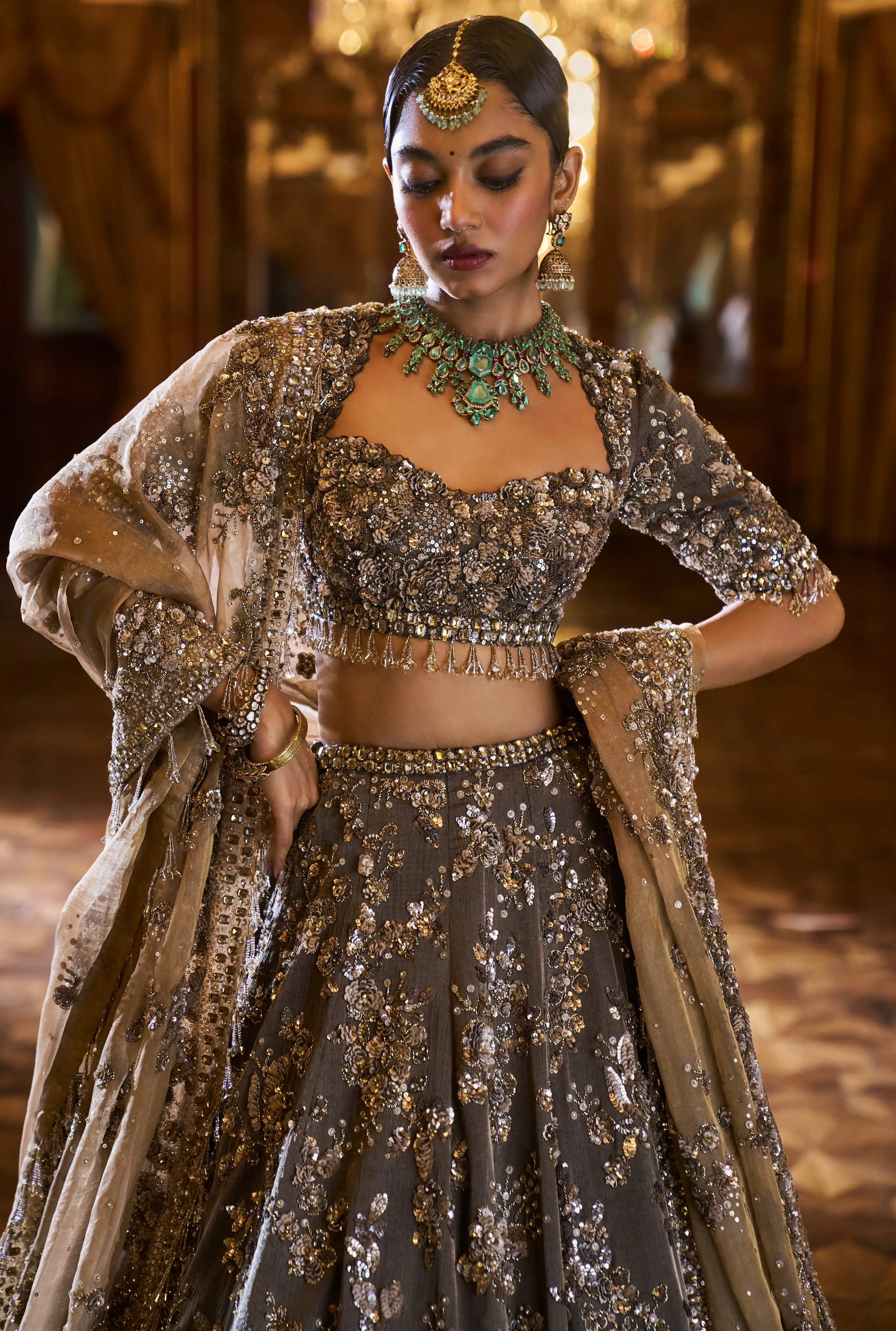 Falaknuma Antique Brown Tissue Lehenga Set