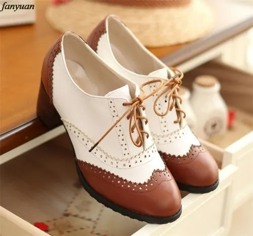 Fanyuan British Women Oxfords High Square Block Heels Pumps Black