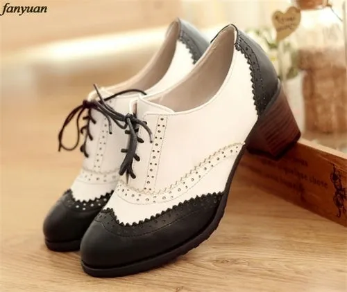 Fanyuan British Women Oxfords High Square Block Heels Pumps Black