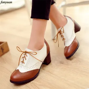 Fanyuan British Women Oxfords High Square Block Heels Pumps Black