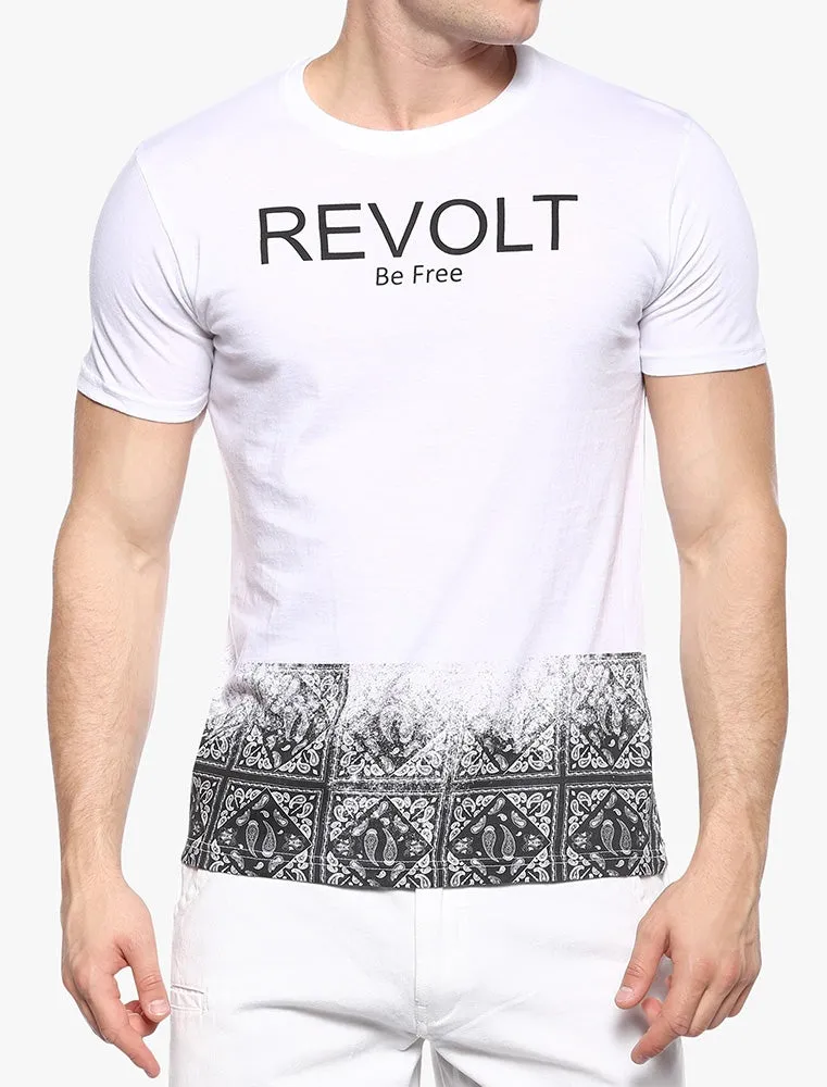 Frontier Motif Crew Neck T-Shirt in White & Black