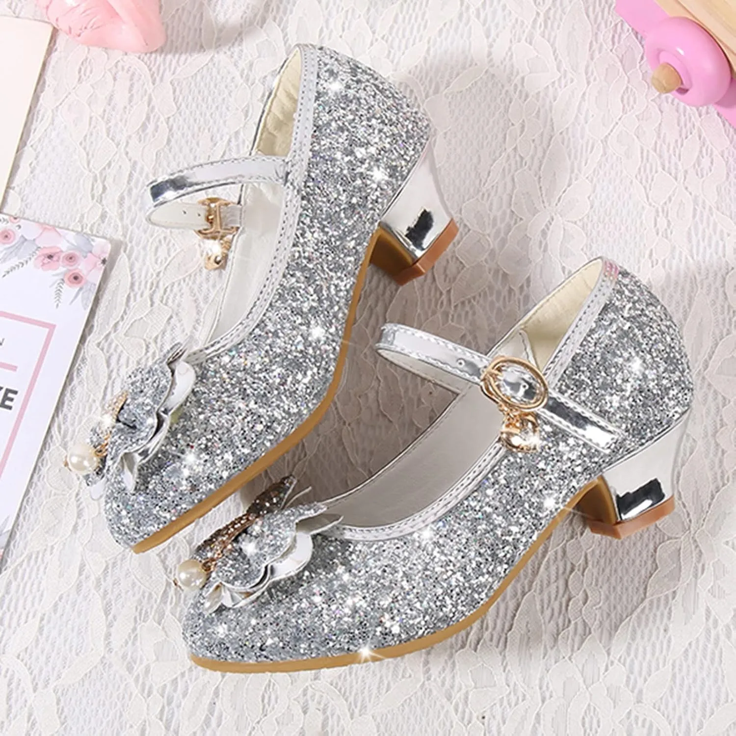 Girls Dress Shoes Flower Wedding Party Low Heels with Cute Bowknot Sparkle for Footwear for Toddler Little/Big Kid