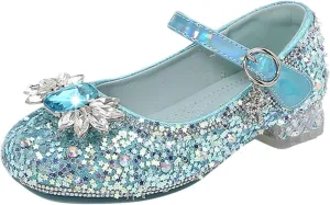 Girls Dress Shoes Glitter Princess Shoe Flower Mary Jane Low Heels Party Wedding Prom Footwear for Toddler Kids