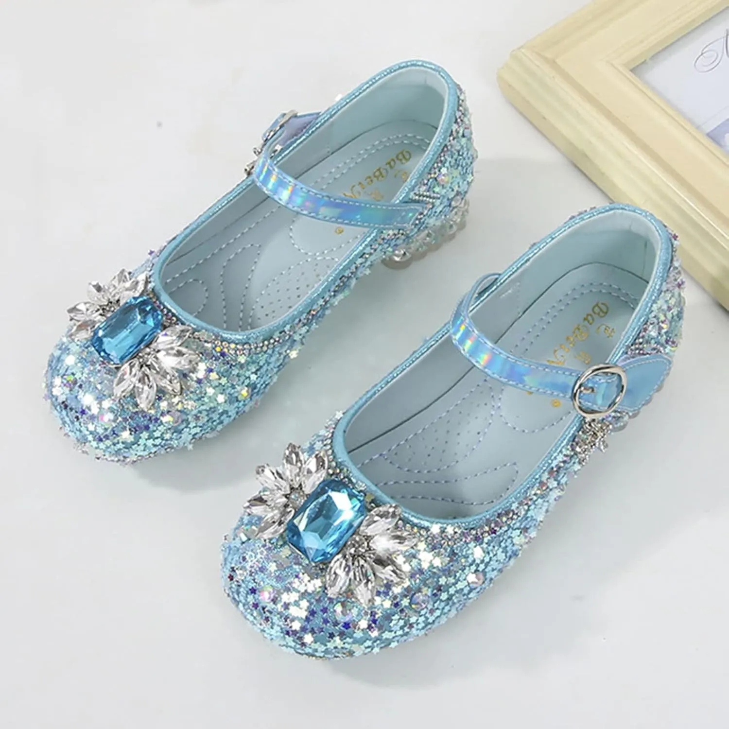 Girls Dress Shoes Glitter Princess Shoe Flower Mary Jane Low Heels Party Wedding Prom Footwear for Toddler Kids