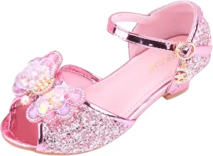 Girls Glitter Sandals High Heels Shiny Princess Dress Shoes with Bow Party Wedding Flower Girl Toddler Boy Dress Shoes