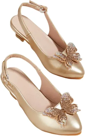 Girls Low Heels Dress Shoes Glitter Rhinestone Princess Sandals Wedding Party Pump