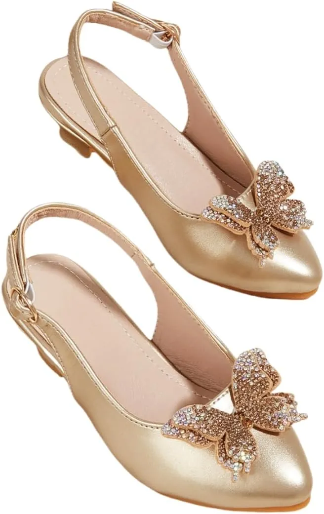 Girls Low Heels Dress Shoes Glitter Rhinestone Princess Sandals Wedding Party Pump