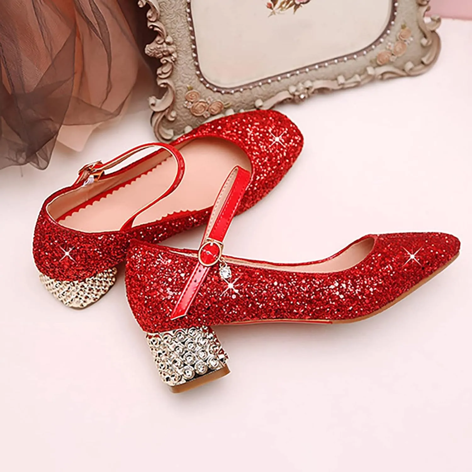 Girls Sparkly Mary Jane Low Heel Dress Shoes Bridesmaids Princess Glitter Shiny Closed Toe Wedding Pary Shoes