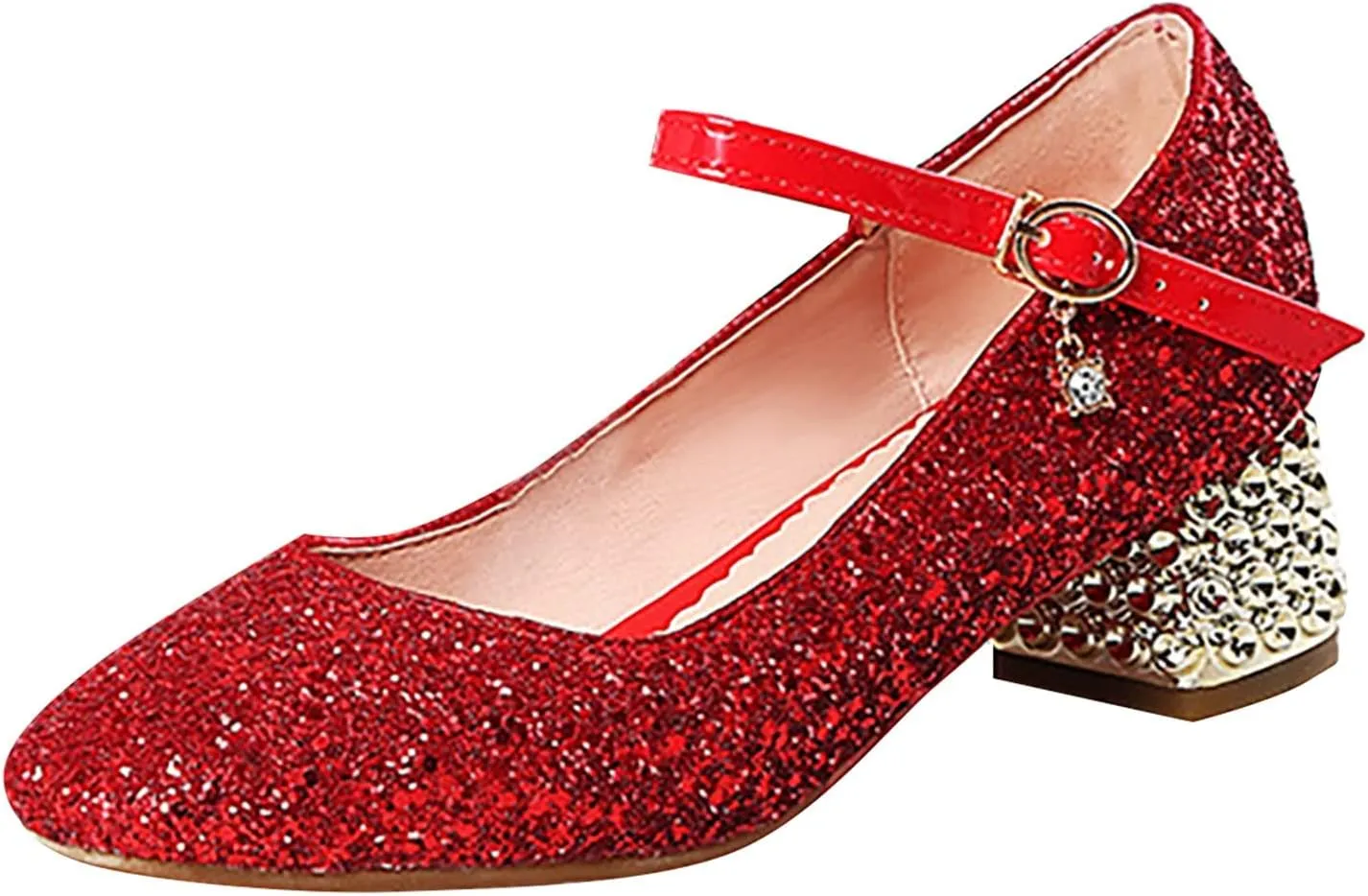 Girls Sparkly Mary Jane Low Heel Dress Shoes Bridesmaids Princess Glitter Shiny Closed Toe Wedding Pary Shoes