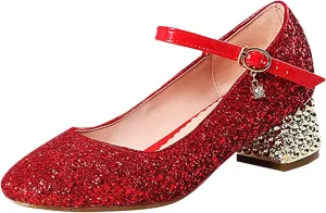 Girls Sparkly Mary Jane Low Heel Dress Shoes Bridesmaids Princess Glitter Shiny Closed Toe Wedding Pary Shoes