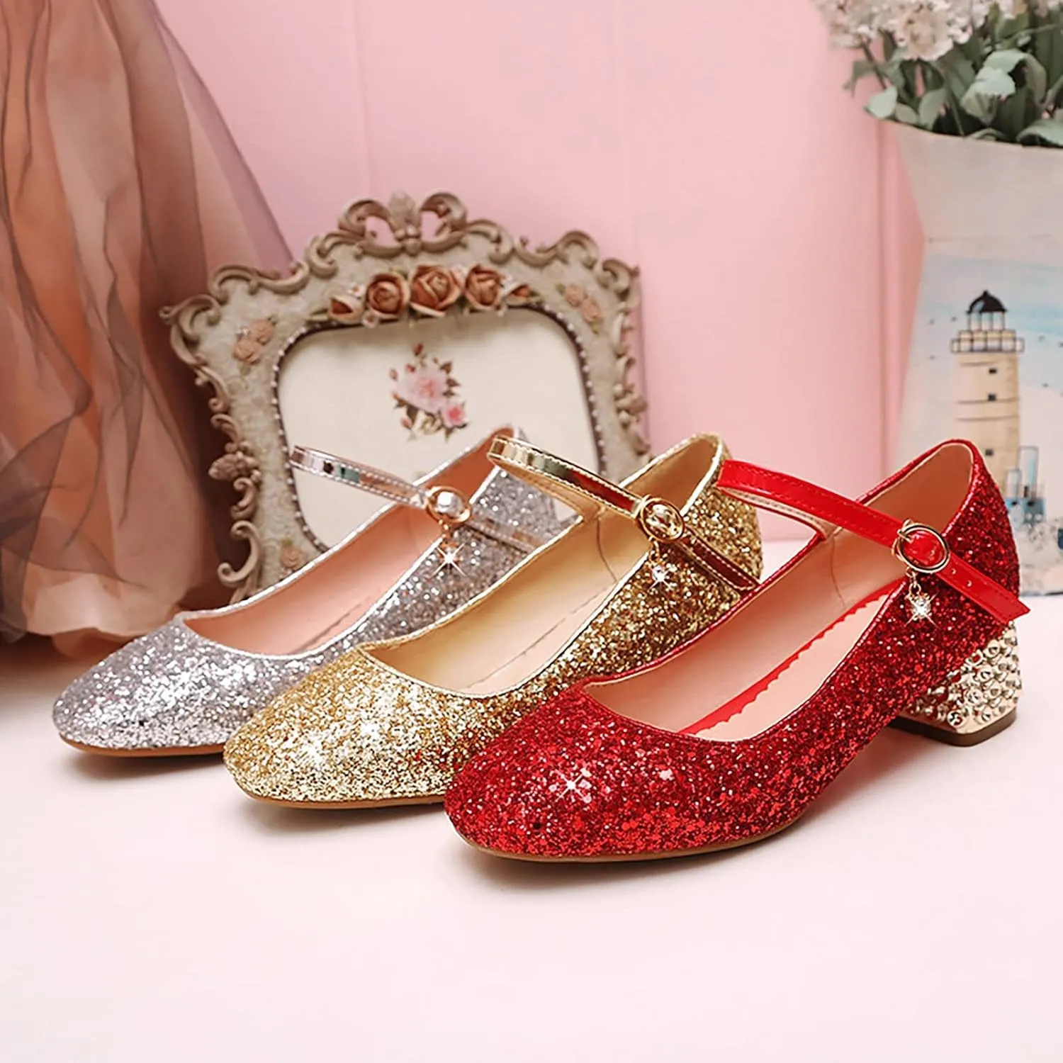 Girls Sparkly Mary Jane Low Heel Dress Shoes Bridesmaids Princess Glitter Shiny Closed Toe Wedding Pary Shoes