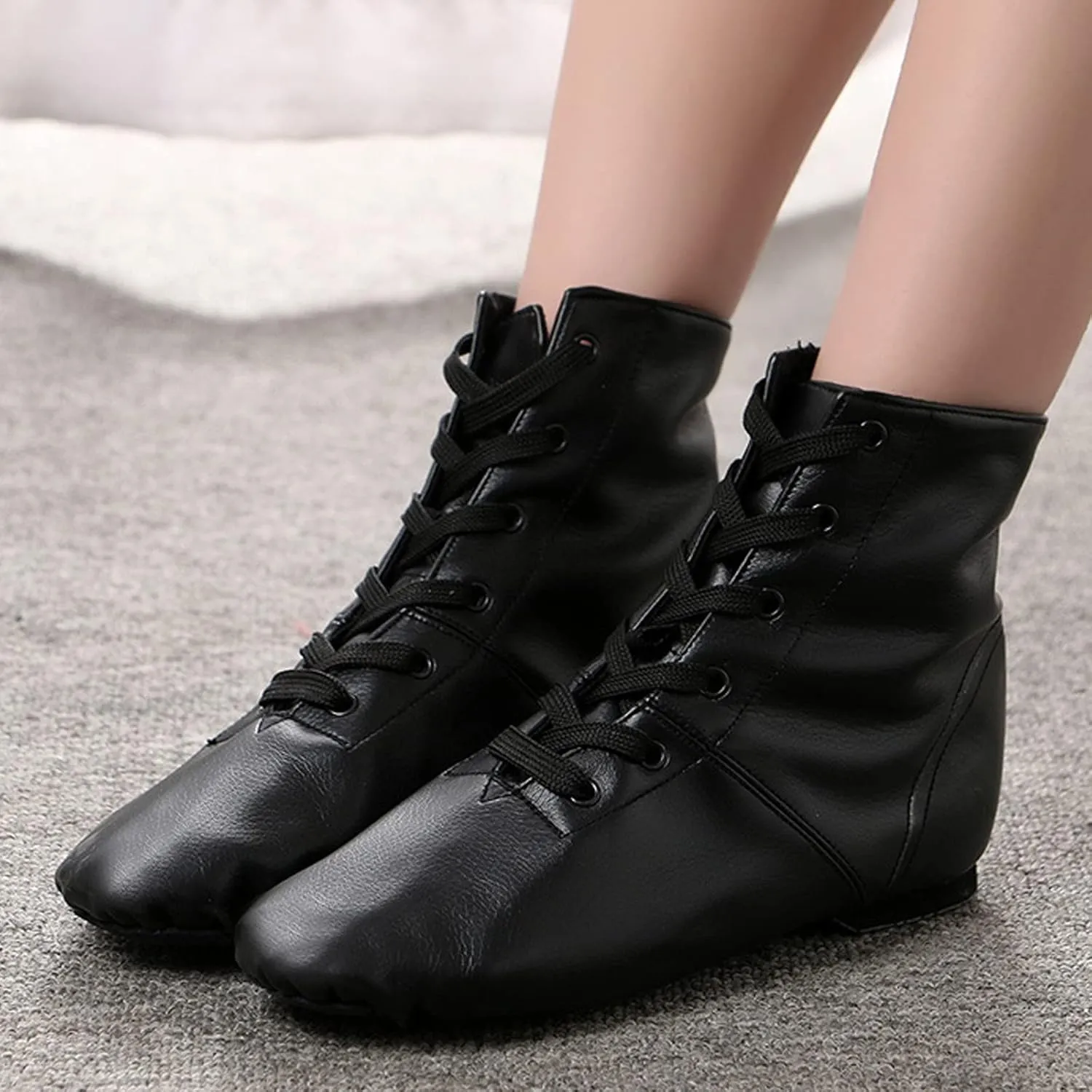 Jazz Shoes for Girls Lace-Up Jazz Dance Shoes Leather Ballet Slippers Split Sole High Top Black Over Ankle Jazz Shoes