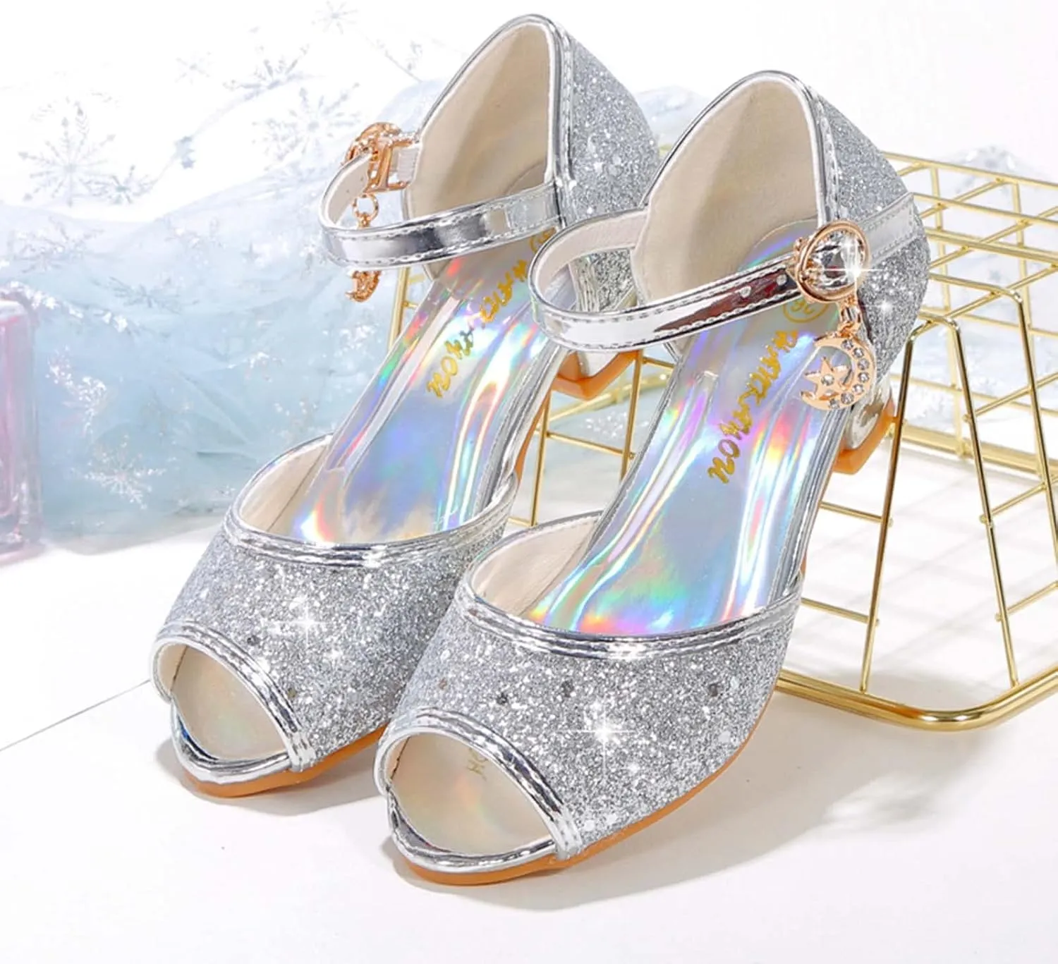 JOEupin Girls Sandals Glittler Dress Shoes Princess Crystal High Heels Party Wedding Flower Girls Shoes for Kid Toddler