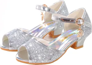 JOEupin Girls Sandals Glittler Dress Shoes Princess Crystal High Heels Party Wedding Flower Girls Shoes for Kid Toddler