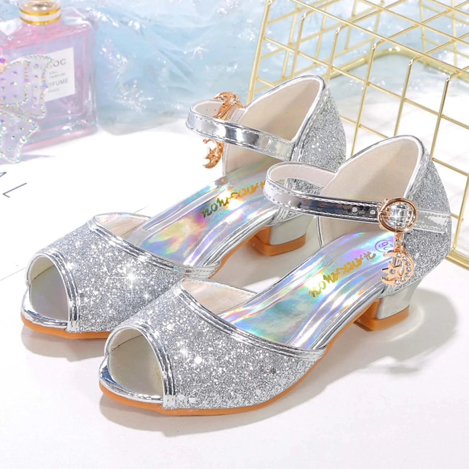 JOEupin Girls Sandals Glittler Dress Shoes Princess Crystal High Heels Party Wedding Flower Girls Shoes for Kid Toddler