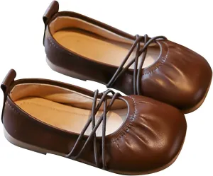 Kids Girls Straps Ballet Flat Square Toe Soft Sole Lace-up Ballerina Slip On Solid Casual Mary Jane Prom Shoes