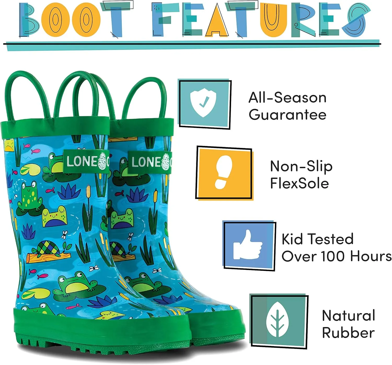 Lone Cone Kids Rain Boots for Girls & Boys  Waterproof Natural Rubber Toddler Rain Boots with Non-Slip Outsole & Easy Pull Handles  Solid, Pattern & Glitter Designs