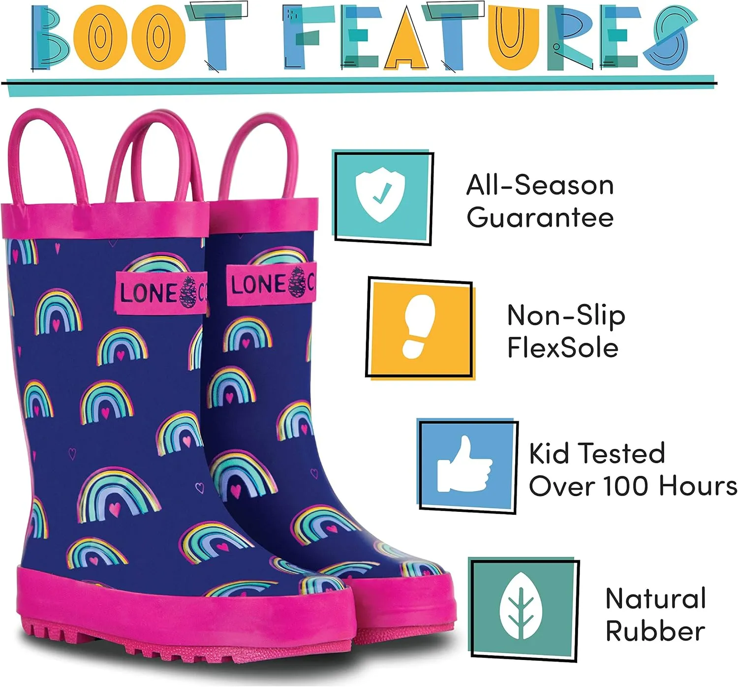 Lone Cone Kids Rain Boots for Girls & Boys  Waterproof Natural Rubber Toddler Rain Boots with Non-Slip Outsole & Easy Pull Handles  Solid, Pattern & Glitter Designs