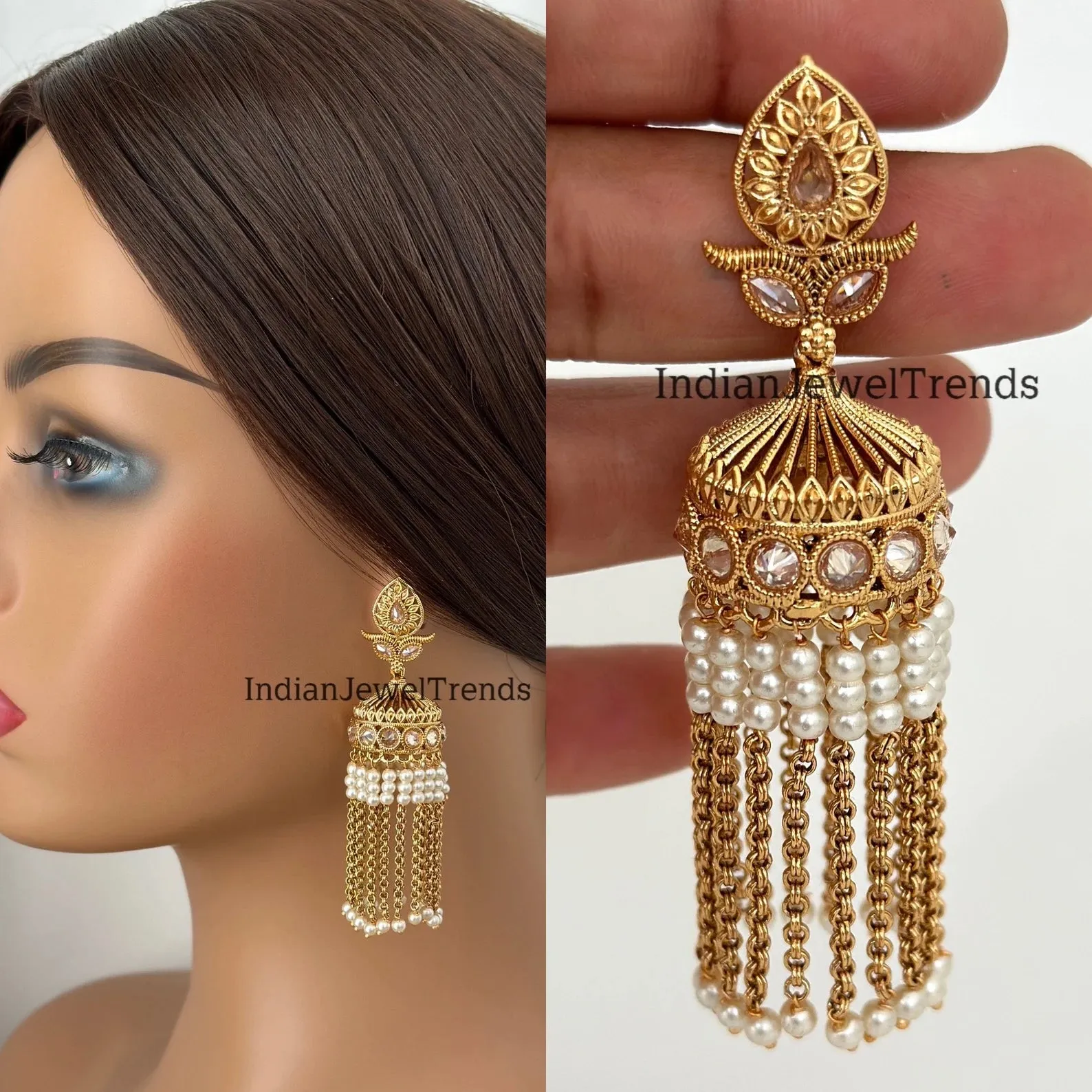 Long Gold Plated Polki Jhumka